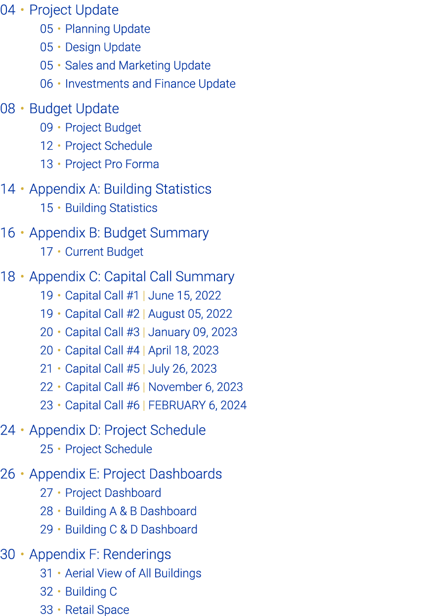 04 • Project Update 05 • Planning Update 05 • Design Update 05 • Sales and Marketing Update 06 • Investments and Fina...