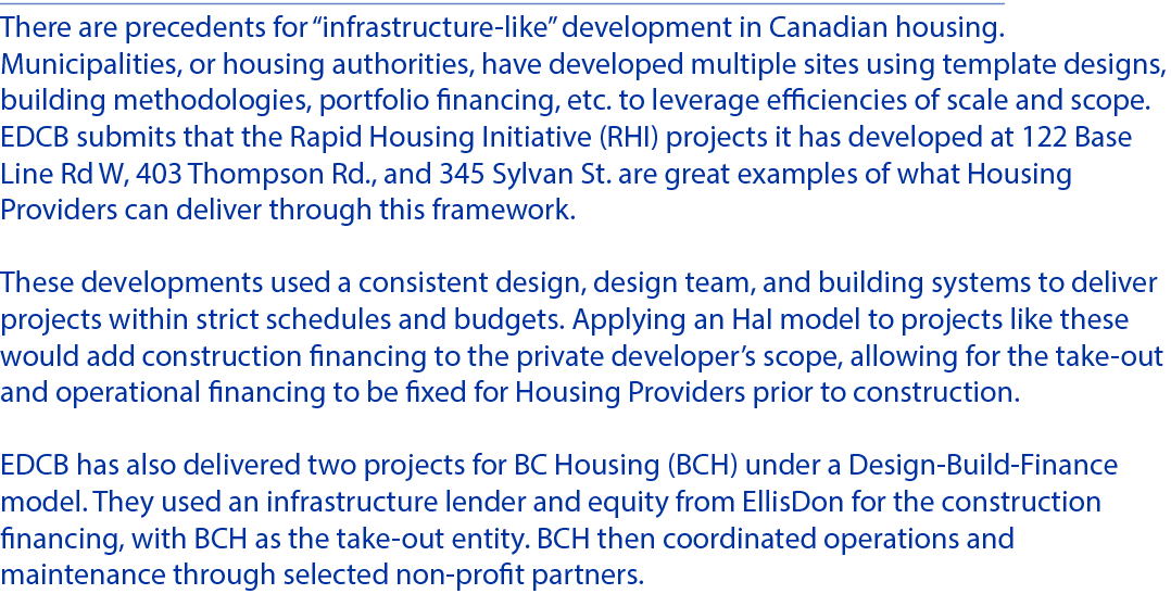 There are precedents for “infrastructure like” development in Canadian housing. Municipalities, or housing authoritie...